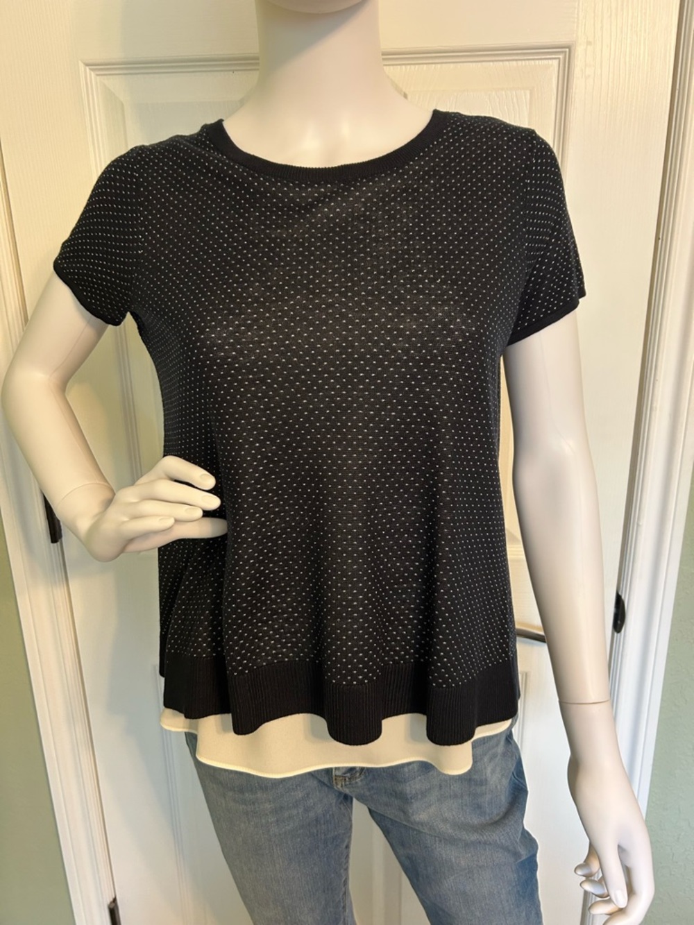 Ann Taylor Navy Short-Sleeve Layered Dot Knit Top